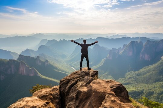 Businessman with Hands Raised at the Summit of a Mountain