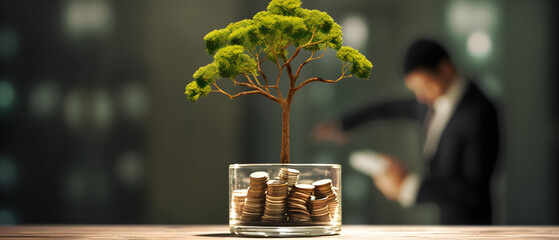 businessman protection money on table with tree. concept saving, --aspect 21:9