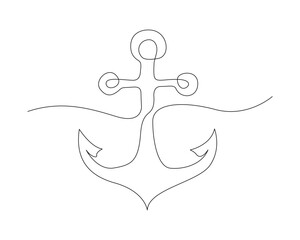 Continuous one line drawing of anchor marine. Anchor line art vector illustration. Nautical and maritime element. Editable stroke.	