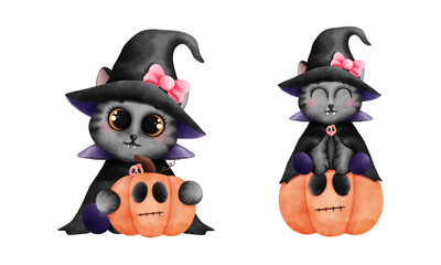 Set of watercolor baby black cat illustration. Halloween black cat with pumpkins isolated on transparent background.