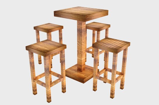Event bistro stool and wooden table isolated. 3d rendering. Cafe log table objects. 