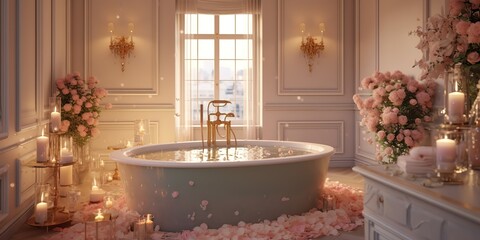 AI Generated. AI Generative. Beauty luxury chic elegant bathroom spa realx chill hotel vacation femine room. Many flowers and calm romantic vibe. Graphic Art