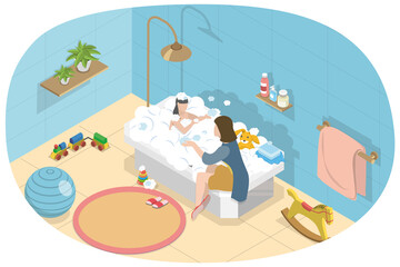 3D Isometric Flat  Conceptual Illustration of Baby Bath Time