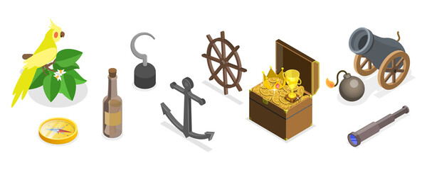 3D Isometric Flat  Set of Pirate Equipment