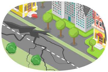 3D Isometric Flat  Conceptual Illustration of Earthquake Destruction