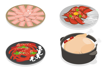 3D Isometric Flat  Set of Korean Food