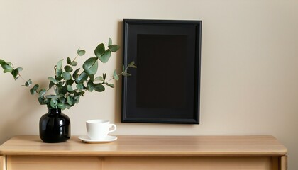 Minimal Vertical wooden picture frame mockup. Wooden table, desk. Minimal organic shaped vase etc.