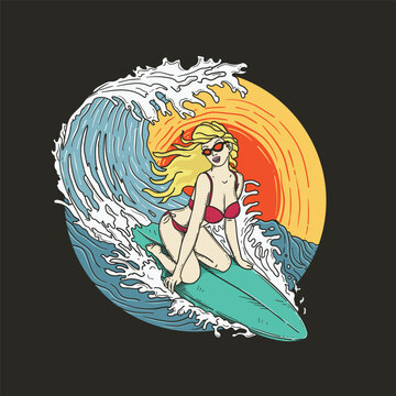 Beautiful surfer girl with surfboard . Vector illustration
