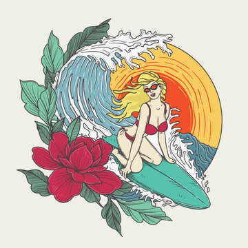 Beautiful surfer girl with surfboard and flower. Vector illustration
