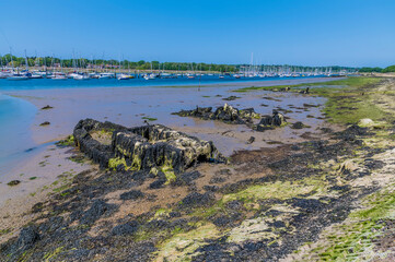 A view over wrecks along the shoreline at low tide on the River Hamble, Hampshire in summertime