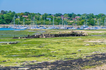 A view past a wreck towards boats moored at low tide on the River Hamble, Hampshire in summertime