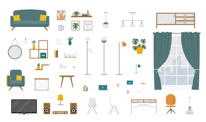 Living room vector illustration set. Design trendy items for home or office in flat style.