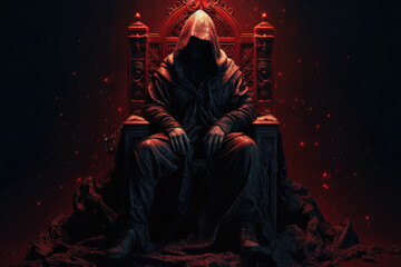 Man in hood sitting on royal throne in dark castle hall. Fantasy medieval throne for king. Created with Generative AI - obrazy, fototapety, plakaty