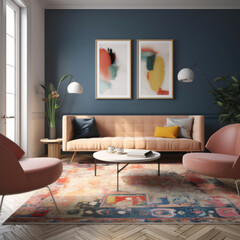 A modern living room with Scandinavian minimalism. Clean-lined sofa in a light neutral tone, a set of minimalist side tables, and a statement rug with bold colors. Generative AI