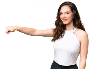 Young caucasian woman isolated over isolated background giving a thumbs up gesture