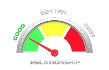 relationship level indicator icon  (GOOD, BETTER, BEST,) a scale with an arrow from green to red. Tachometer, speedometer sign, infographic element on isolated background,