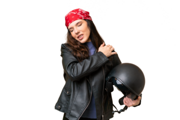 Young caucasian woman with a motorcycle helmet over isolated background suffering from pain in shoulder for having made an effort