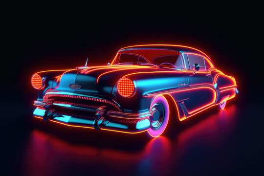 Neon retro car on black background Generative AI