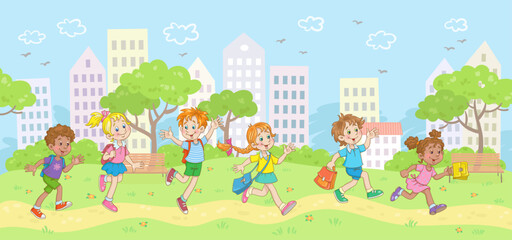 Happy children run to school through the city park. In cartoon style. Summer landscape with trees and houses. Vector illustration