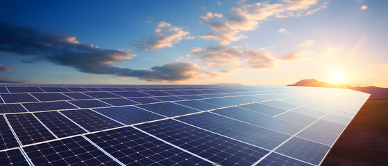 Solar panels with sunset and blue sky background. Clean power energy concept., --aspect 21:9
