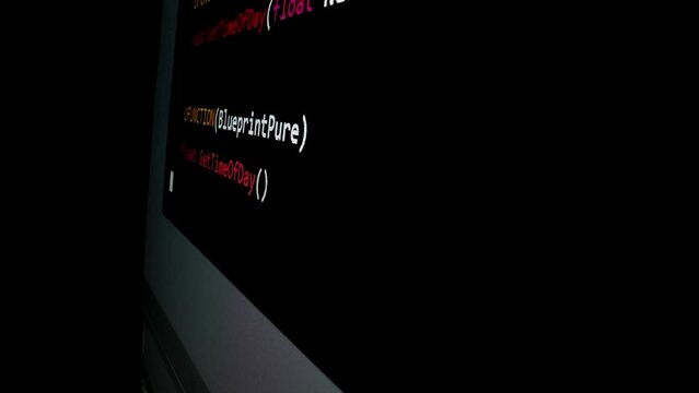 Closeup macro shot movement of coding script moving across LED screen with real-time AI-generated typing, showcasing advanced AI learning in optimization, debug and coding for software development.
