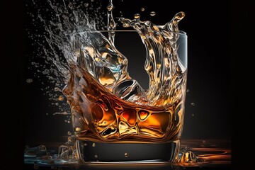 Glass of whiskey with splash on dark background. Whiskey splashes. Generative AI