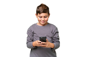 Little caucasian kid over isolated chroma key background sending a message with the mobile
