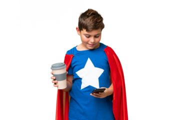 Super Hero caucasian kid over isolated chroma key background holding coffee to take away and a mobile