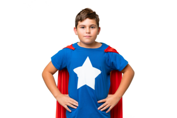 Little caucasian kid over isolated chroma key background in superhero costume posing with arms at hip and smiling
