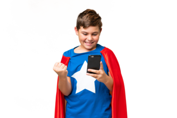 Super Hero caucasian kid over isolated chroma key background surprised and sending a message