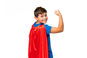 Little caucasian kid over isolated chroma key background in superhero costume and doing strong gesture