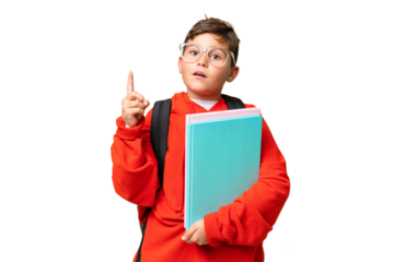 Little caucasian student kid over isolated chroma key background thinking an idea pointing the finger up