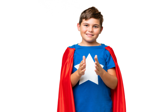 Super Hero caucasian kid over isolated chroma key background applauding after presentation in a conference