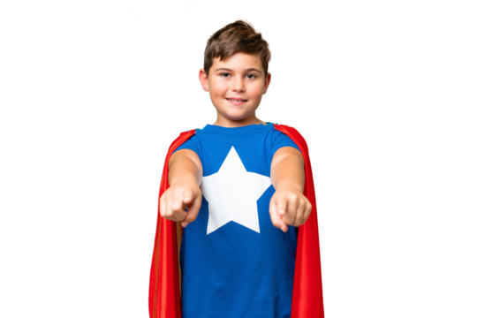 Super Hero caucasian kid over isolated chroma key background points finger at you while smiling - Powered by Adobe