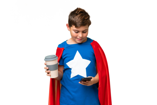 Super Hero caucasian kid over isolated chroma key background holding coffee to take away and a mobile