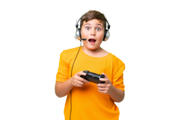 Little caucasian kid playing with a video game controller over isolated chroma key background with surprise facial expression