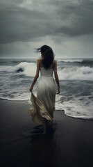 wedding woman sky nature ocean dress cloud summer beach sea storm. Generative AI.