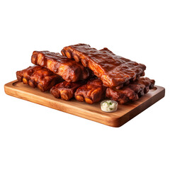 BBQ Ribs served on cutting board, transparent background