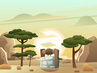 Stone well with wooden crossbar and rope for bucket. In rocky sand desert with rocks and cliffs and African acacia. Rural water source. Cartoon fun style. Flat design. Vector.