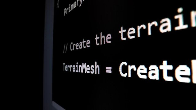 Closeup macro shot movement of coding script moving across LED screen with real-time AI-generated typing, showcasing advanced AI learning in optimization, debug and coding for software development.