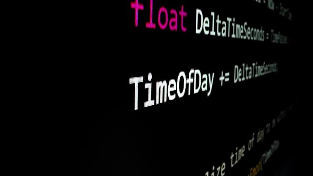 Closeup macro shot movement of coding script moving across LED screen with real-time AI-generated typing, showcasing advanced AI learning in optimization, debug and coding for software development.