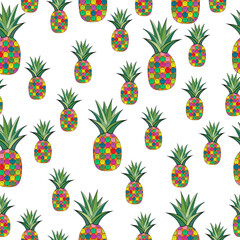 Seamless pattern of colorful pineapples on a white background.