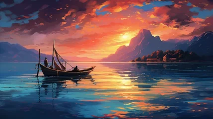 Fotobehang At sunset, a boat floating on turquoise waters and pleasant people around. It is a landscape where colors merge as reflections dance on the water. Created with Generative AI. © DreamPointArt