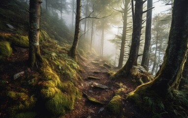 A mountain with a forest and thick fog.