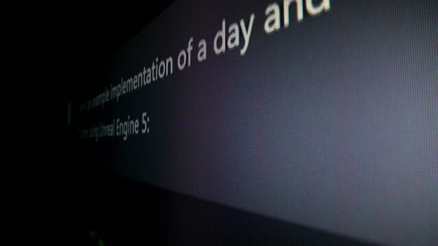 Closeup macro shot movement of coding script moving across LED screen with real-time AI-generated typing, showcasing advanced AI learning in optimization, debug and coding for software development.