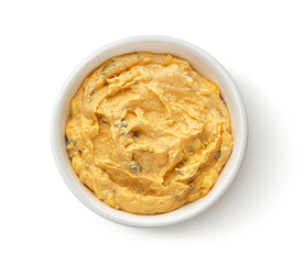 Egg spread with onion and chives isolated on white background, top view