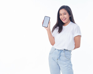 Woman showing smartphone on white background
