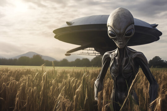 Alien in a Field.  Generative AI.
A digital rendering of an alien in a field in the countryside. 