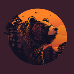 Grizzlies. Bear on the background of sunset and mountains. T-shirt design, illustration of a wild bear in nature. Landscape. Vector illustration