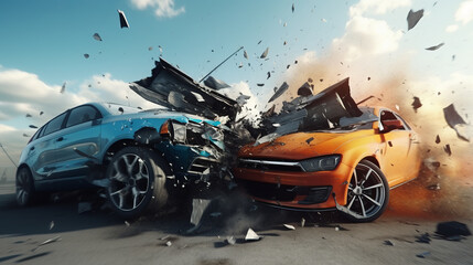 Car accident concept illustration with two cars crashing together
